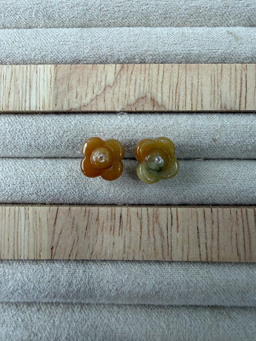 Yellow Jadeite Flower Earring Studs