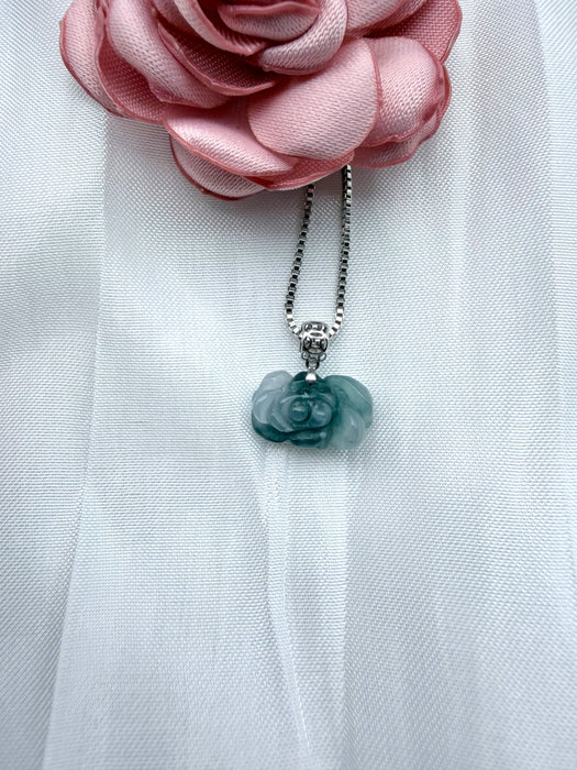 Denim Blue Floral Jadeite Necklace - 18K White Gold