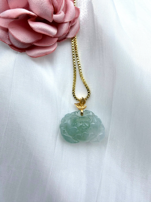 Duo-Tone Green White Lotus Jadeite Necklace - 18K Gold
