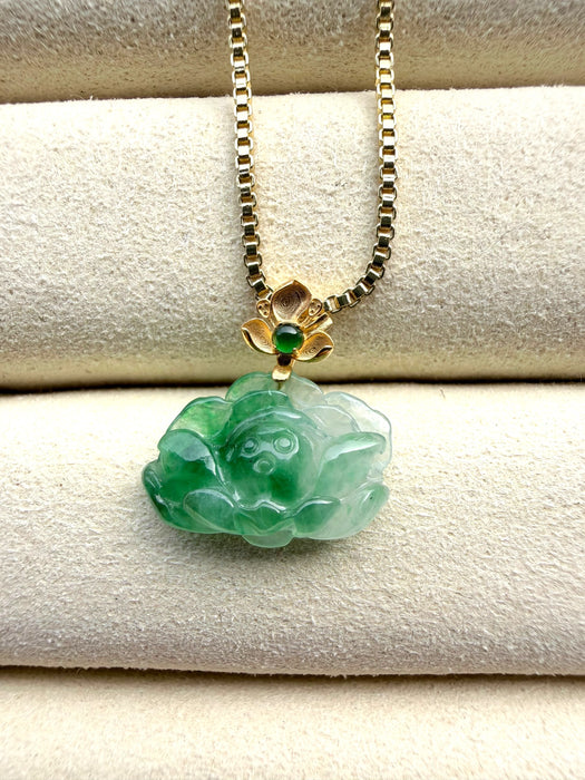 Emerald Green Lotus Jadeite Necklace - 18K Gold