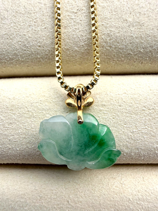 Emerald Green Lotus Jadeite Necklace - 18K Gold