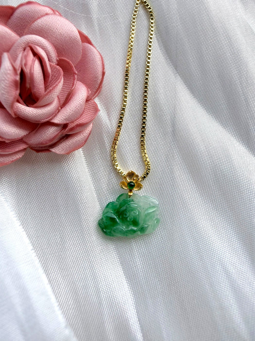 Emerald Green Lotus Jadeite Necklace - 18K Gold