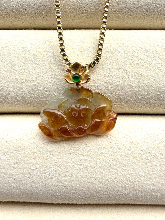 Honey Brown Lotus Jadeite Necklace -18K Gold