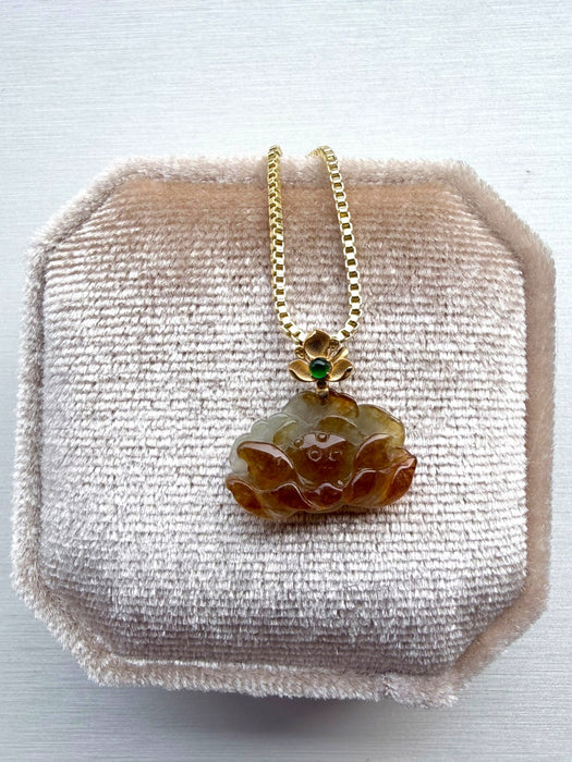 Honey Brown Lotus Jadeite Necklace -18K Gold