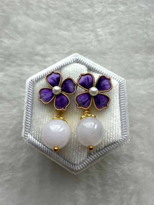 Purple Jadeite Velvet Flower Earring Studs