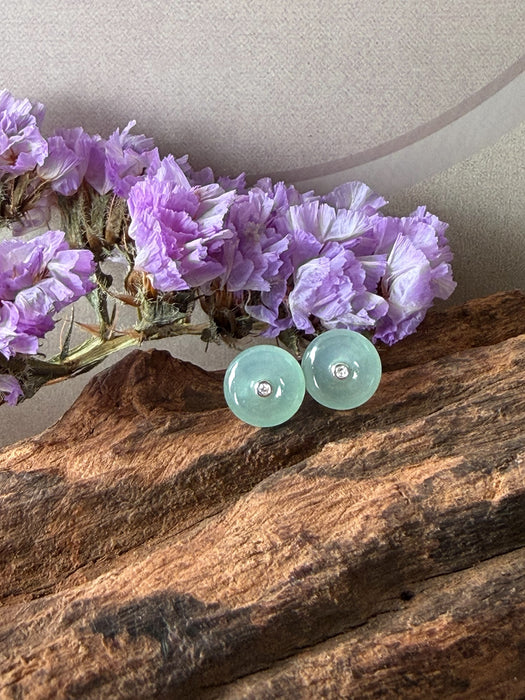 Green Donut Jadeite Earring Studs - 18K White Gold