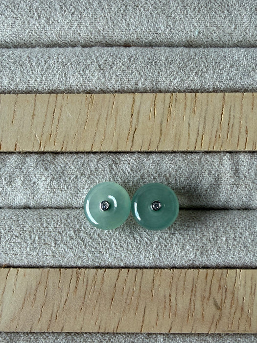 Green Donut Jadeite Earring Studs - 18K White Gold