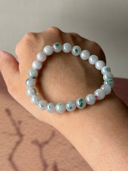 White Green Floating Flowers Jadeite Bead Bracelet