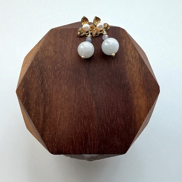 Floral Jadeite Ball Earring Studs