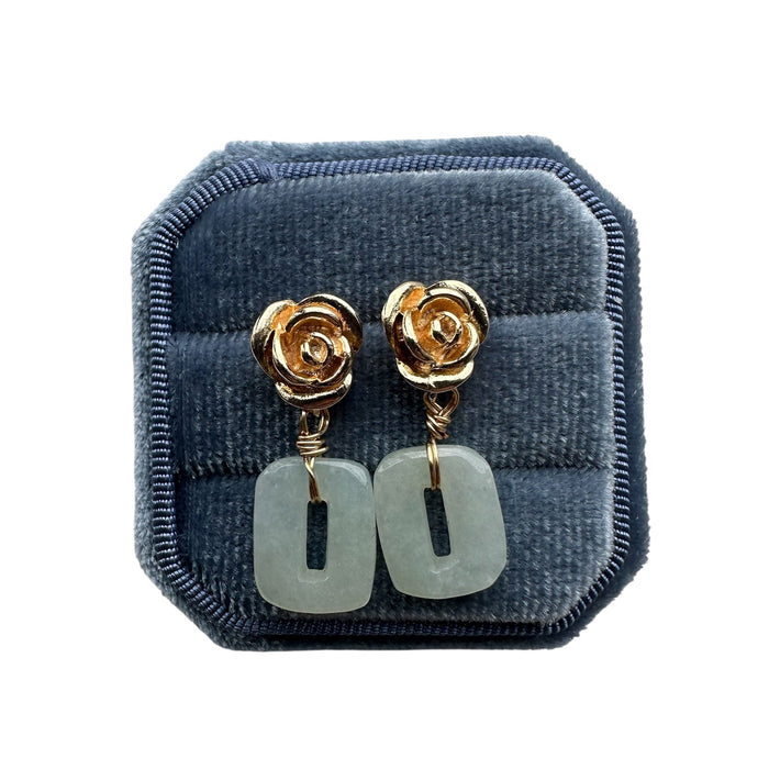Rectangle Jadeite Rose Earring Studs