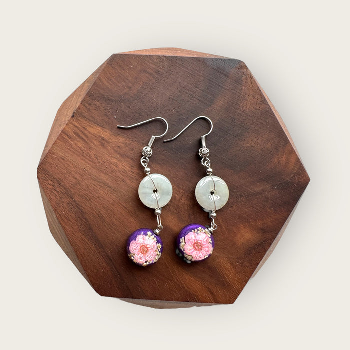 Floral Jadeite Donut Drop Earrings
