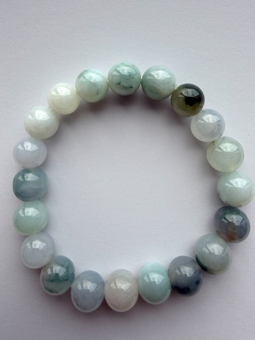 White Blue Floating Flowers Jadeite Bead Bracelet