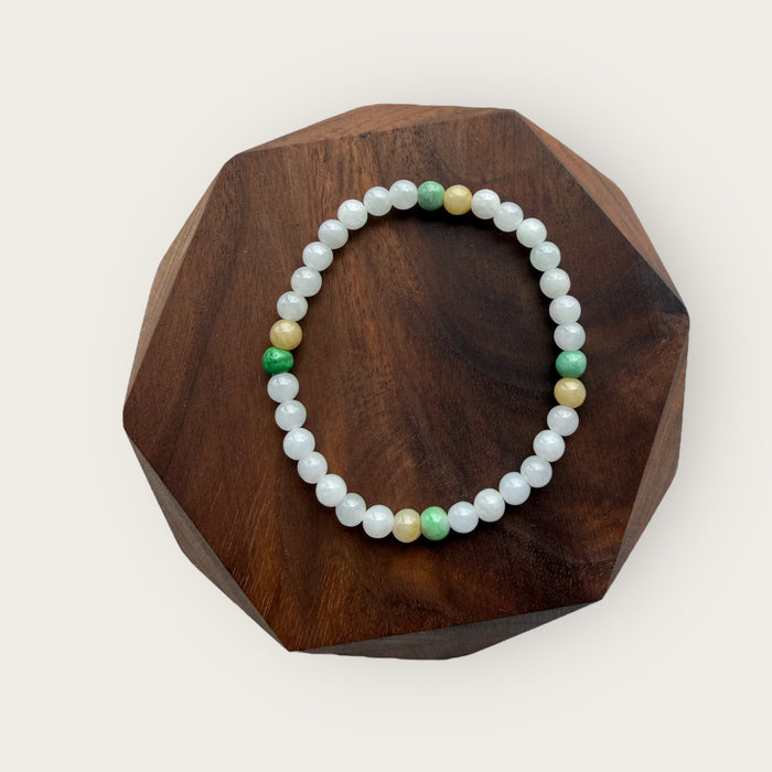 White Green Yellow Jadeite Bead Bracelet