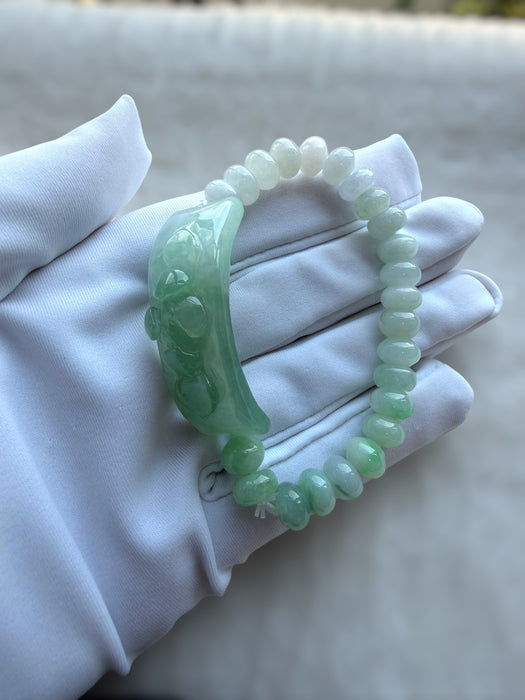Green White Lotus Jadeite Shoupai Bead Bracelet