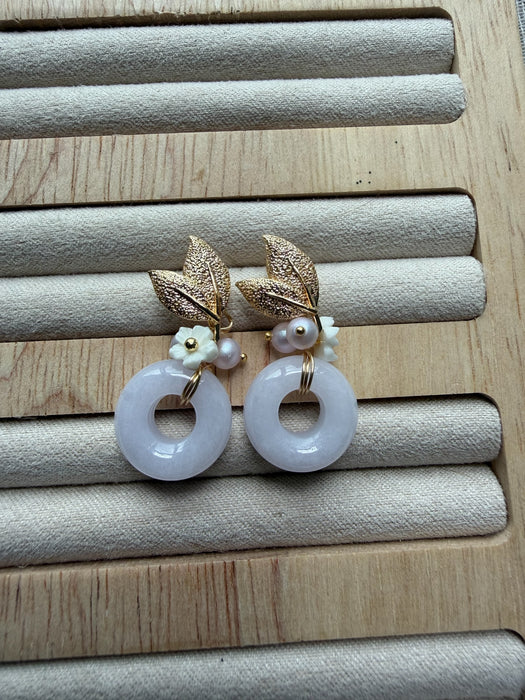 Purple Jadeite Donut Pearl Floral Earring Studs
