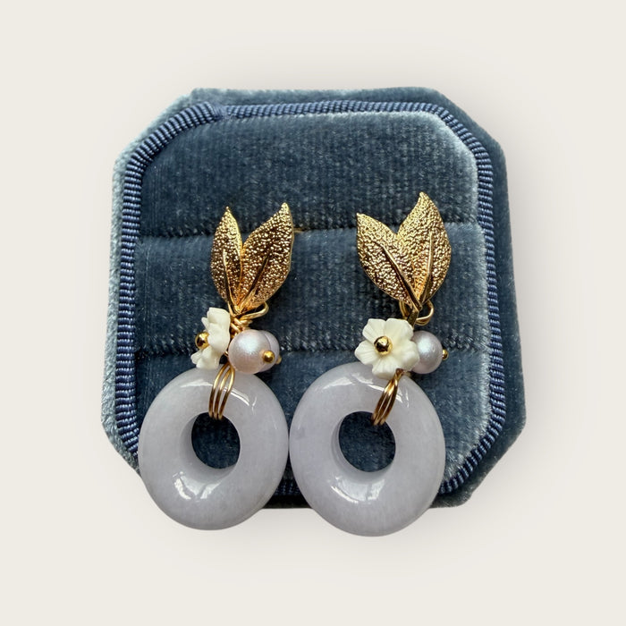 Purple Jadeite Donut Pearl Floral Earring Studs