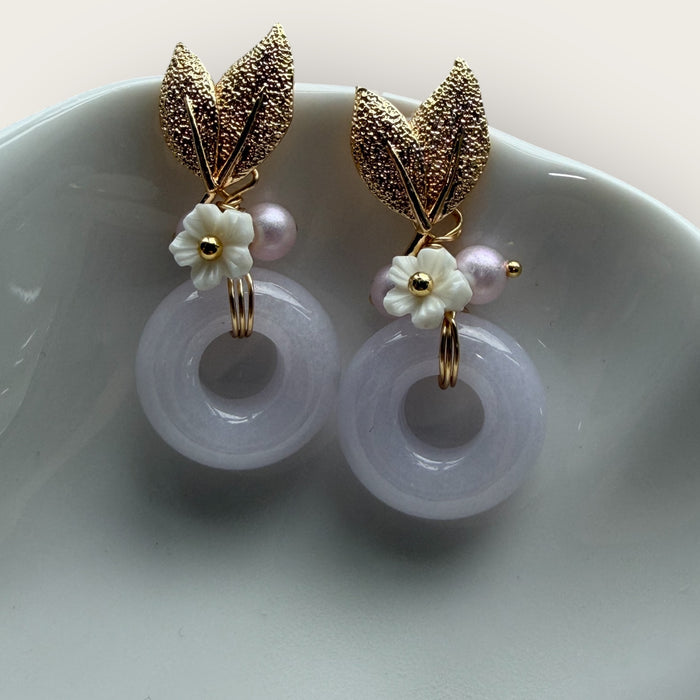 Purple Jadeite Donut Pearl Floral Earring Studs