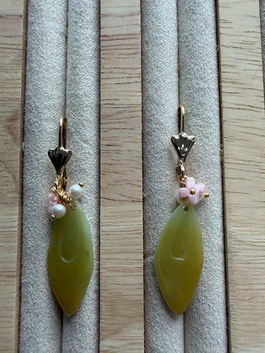 Yellow Jadeite Feather Pearl Earring Hooks