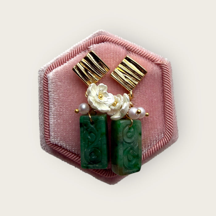 Carved Block Jadeite Earring Studs