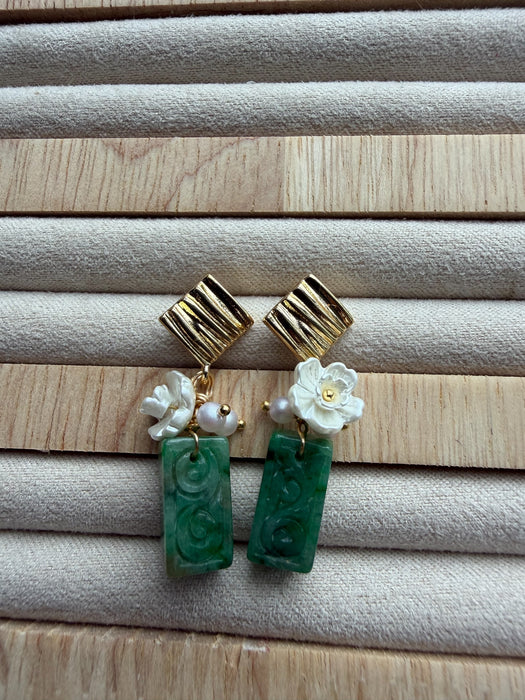 Carved Block Jadeite Earring Studs