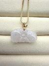 Dreamy Jade elegant white translucent carved floral jade pendant necklace with a gold leaf bail and gold box chain.