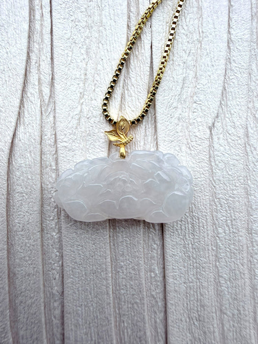 Dreamy Jade white carved floral jade pendant necklace with a gold leaf bail on a gold box chain