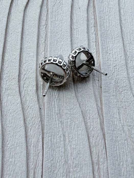 Dreamy Jade celestial stud earrings in S925 sterling silver with white jade-style stones and cubic zirconia halos