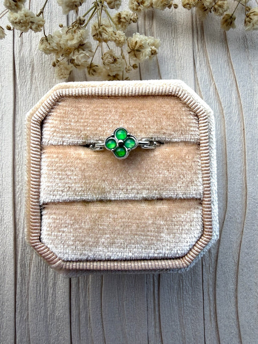 Dreamy Jade clover ring featuring vibrant green jade stones set in polished silver, displayed in a velvet ring box.