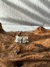 Dreamy Jade floral stud earrings featuring cabochon jade stones and pavé crystals set in polished silver-tone metal.