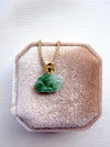 Dreamy Jade floral pendant necklace featuring carved green jade on a gold-tone box chain in a velvet jewellery box.
