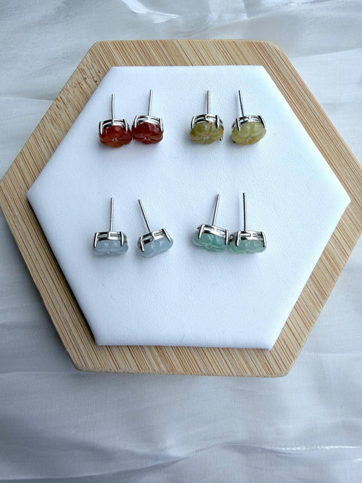 Dreamy Jade floral stud earrings in red, yellow, icy white, and mint green jade set in polished metal settings.