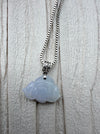 Dreamy Jade lavender jadeite pendant carved in a floral motif with a silver coin-inspired bail on a box chain
