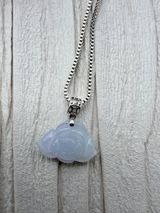 Dreamy Jade lavender jadeite pendant carved in a floral motif with a silver coin-inspired bail on a box chain