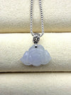 Dreamy Jade lavender jadeite pendant carved in a floral motif with a silver coin-inspired bail on a box chain.