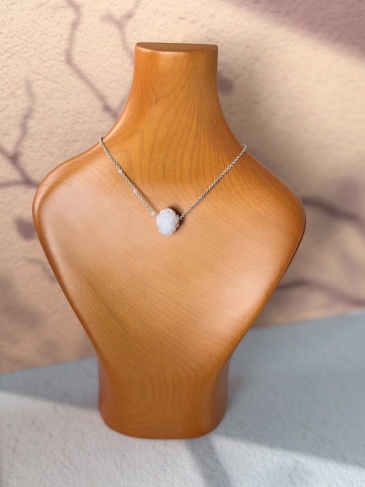 Dreamy Jade lavender jade pendant necklace with hand-carved floral motif on a minimalist silver-tone chain
