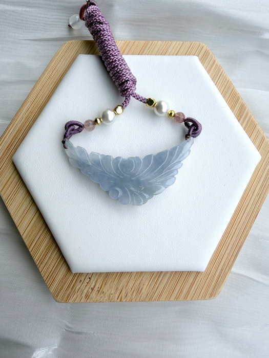 Dreamy Jade hand-carved icy-lavender jadeite floral pendant on a purple braided cord with pearls and gold-tone spacers