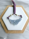 Dreamy Jade hand-carved icy-lavender jadeite floral pendant on a purple braided cord with pearls and gold accents.