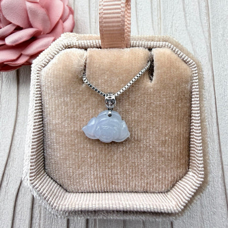Dreamy Jade lavender jadeite floral pendant necklace with a silver box chain displayed in a velvet jewellery box