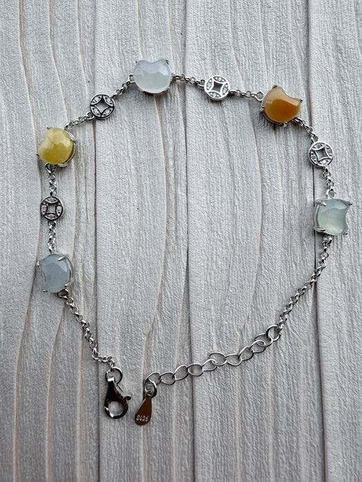 Dreamy Jade multi-coloured jade gemstone link bracelet with 925 sterling silver coin charms and adjustable chain