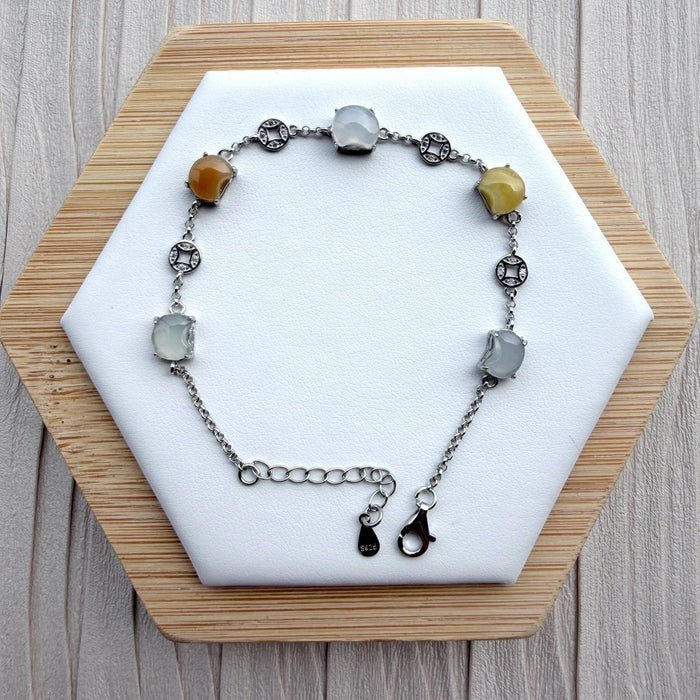 Dreamy Jade multi-coloured jade gemstone link bracelet with 925 sterling silver coin charms and adjustable chain