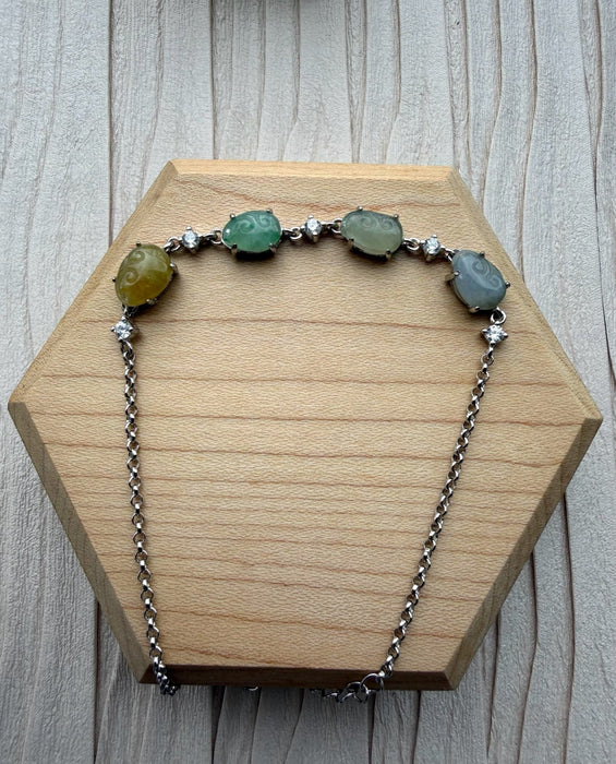 Dreamy Jade multi-coloured carved jade gemstone bracelet with cubic zirconia accents set in 925 sterling silver chain