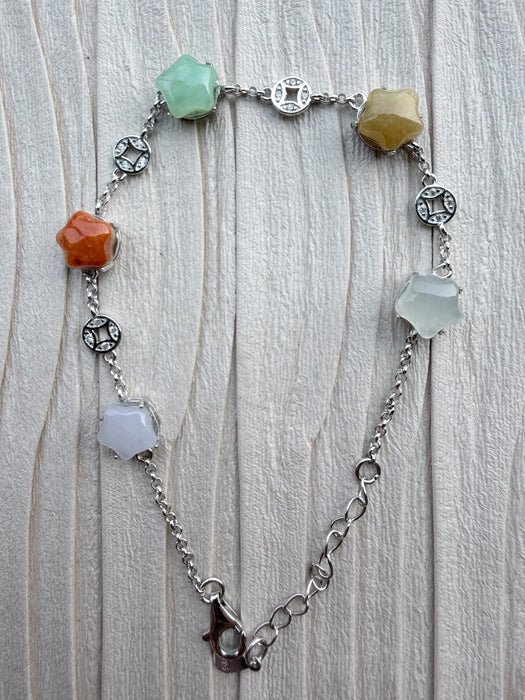 Dreamy Jade sterling silver chain bracelet featuring multi-coloured star-shaped jade stones and prosperity coin charms.