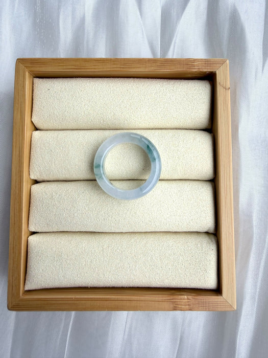 Dreamy Jade elegant natural jadeite ring band with translucent icy base and green splashes in a wooden display box