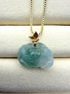 Dreamy Jade peony flower pendant carved from translucent green natural jade with a gold-tone leaf bail and box chain.
