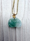 Dreamy Jade peony flower pendant carved from natural green jade with a gold-tone leaf bail on a sleek box chain