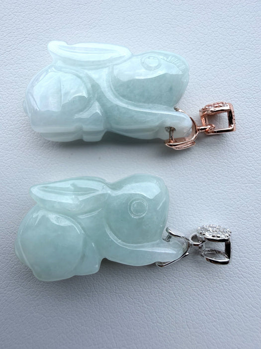 Dreamy Jade rabbit pendants in translucent green jade with rose gold and silver pavé-set stone bails