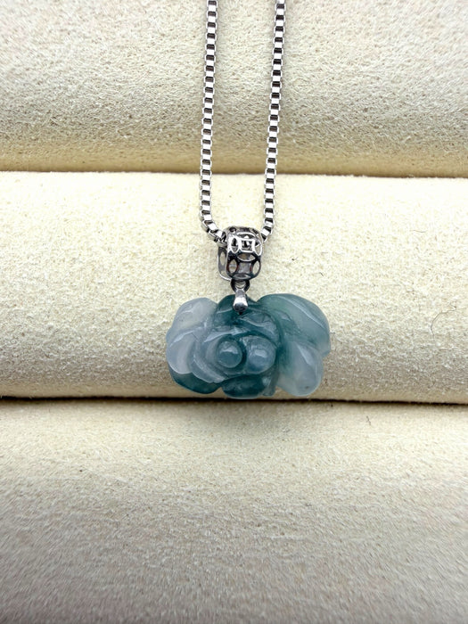 Dreamy Jade rose pendant necklace featuring carved deep green natural jade on a polished silver-toned box chain