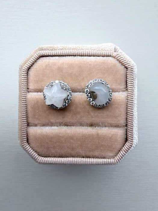 Dreamy Jade celestial stud earrings featuring a white jade star and crescent moon with cubic zirconia in sterling silver